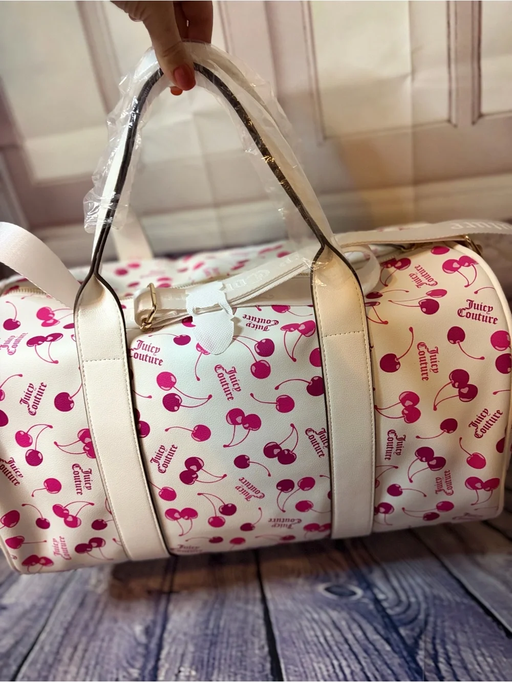 Juicy Couture Cherry Print Weekender Bag White Pink Duffle Travel Bag